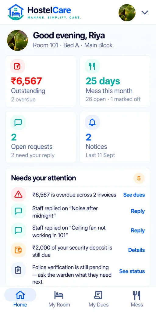 HostelCare student app showing dues, mess menu, and requests